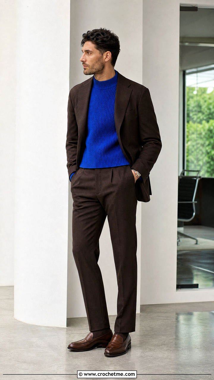 Ribbed Crochet Mock Neck Sweater With A Suit - 35 men crochet sweater outfit ideas