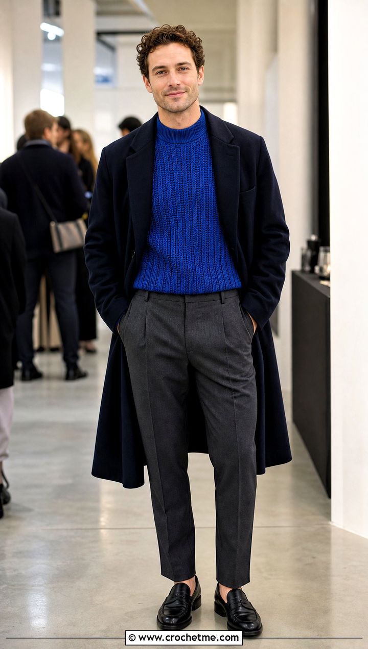 Ribbed Crochet Mock Neck Sweater With Suit Trousers - 35 crochet man sweaters outfit ideas