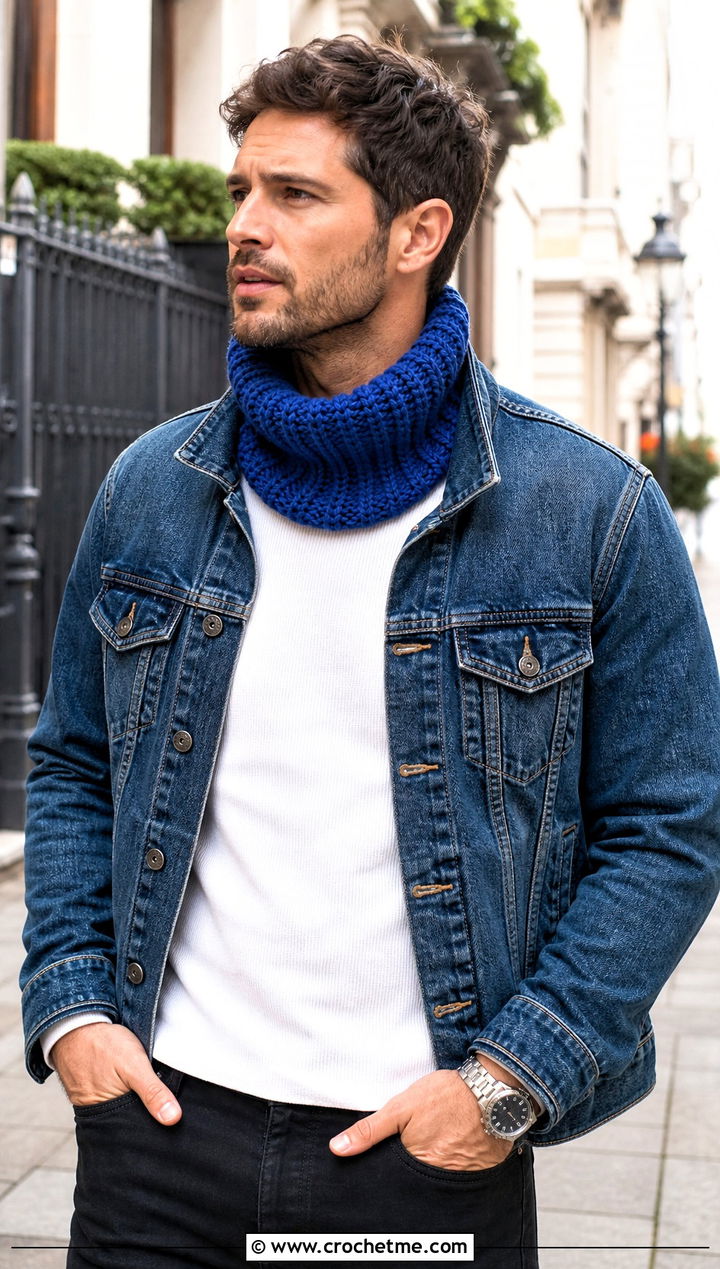 Ribbed Crochet Neck Warmer With Denim Jacket - 25 Men Crochet Cowl outfit ideas