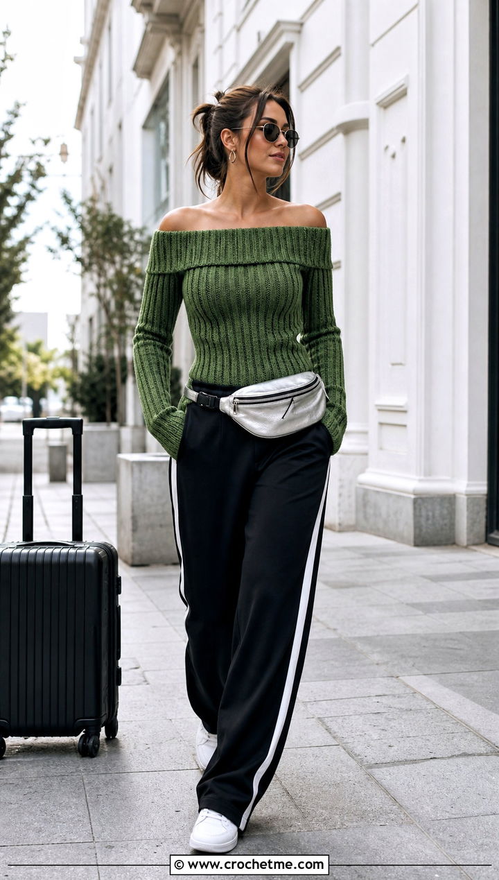 Ribbed Crochet Off Shoulder Sweater With Track Pants - 25 Crochet Over The Shoulder Sweater outfit ideas