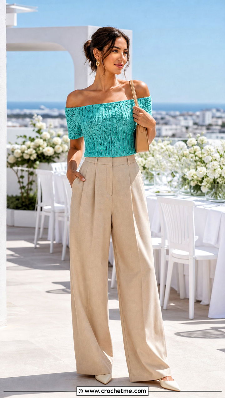 Ribbed Crochet Off Shoulder Top With Wide Leg Pants - 20 ribs crochet top outfit ideas