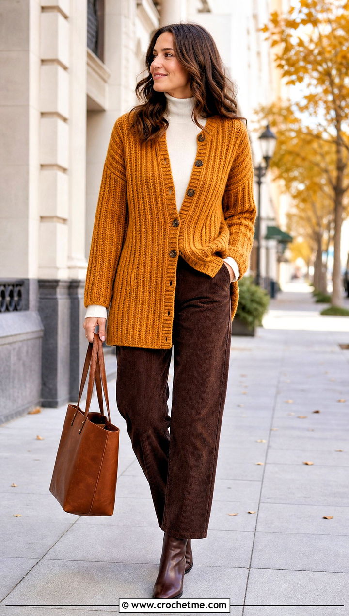 Ribbed Crochet One Piece Cardigan With Corduroy Pants - 30 crochet one piece cardigan outfit ideas