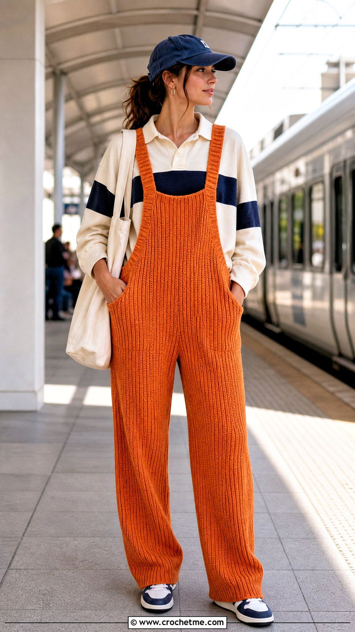 Ribbed Crochet Overalls With Rugby Shirt - 35 crochet overalls outfit ideas