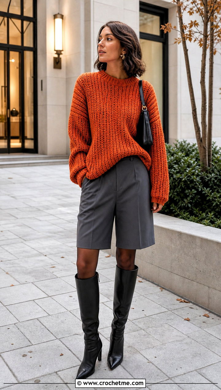Ribbed Crochet Oversize Sweater With Tailored Bermuda Shorts - 20 Crochet Oversize Sweater outfit ideas