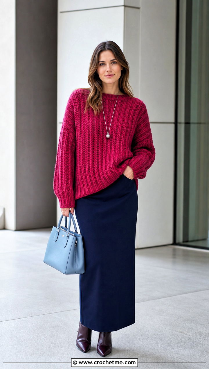 Ribbed Crochet Oversized Sweater With Maxi Skirt - 20 Easy Crochet Oversized Sweater outfit ideas