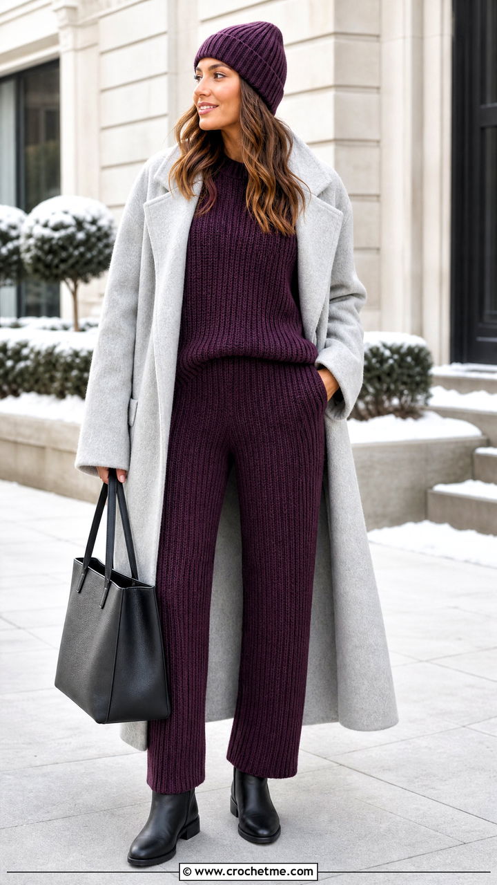 Ribbed Crochet Pajama Set With Wool Coat - 35 crochet pajama set outfit ideas