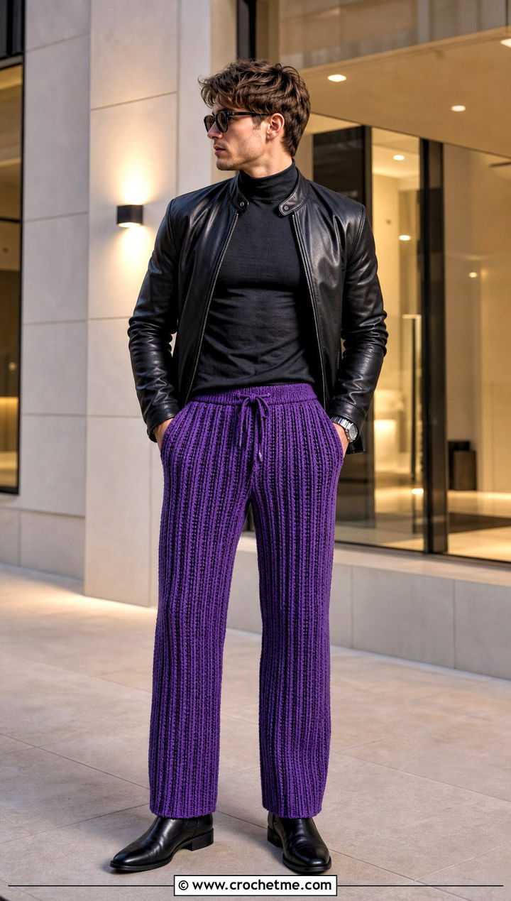 Ribbed Crochet Pants With Leather Jacket - 35 crochet pants men outfit ideas