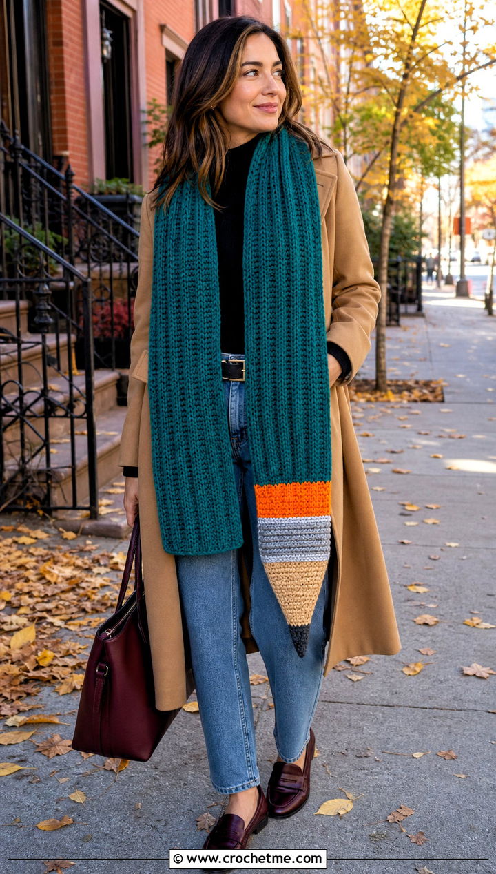 Ribbed Crochet Pencil Scarf With Trench Coat - 25 Crochet Pencil Scarf outfit ideas