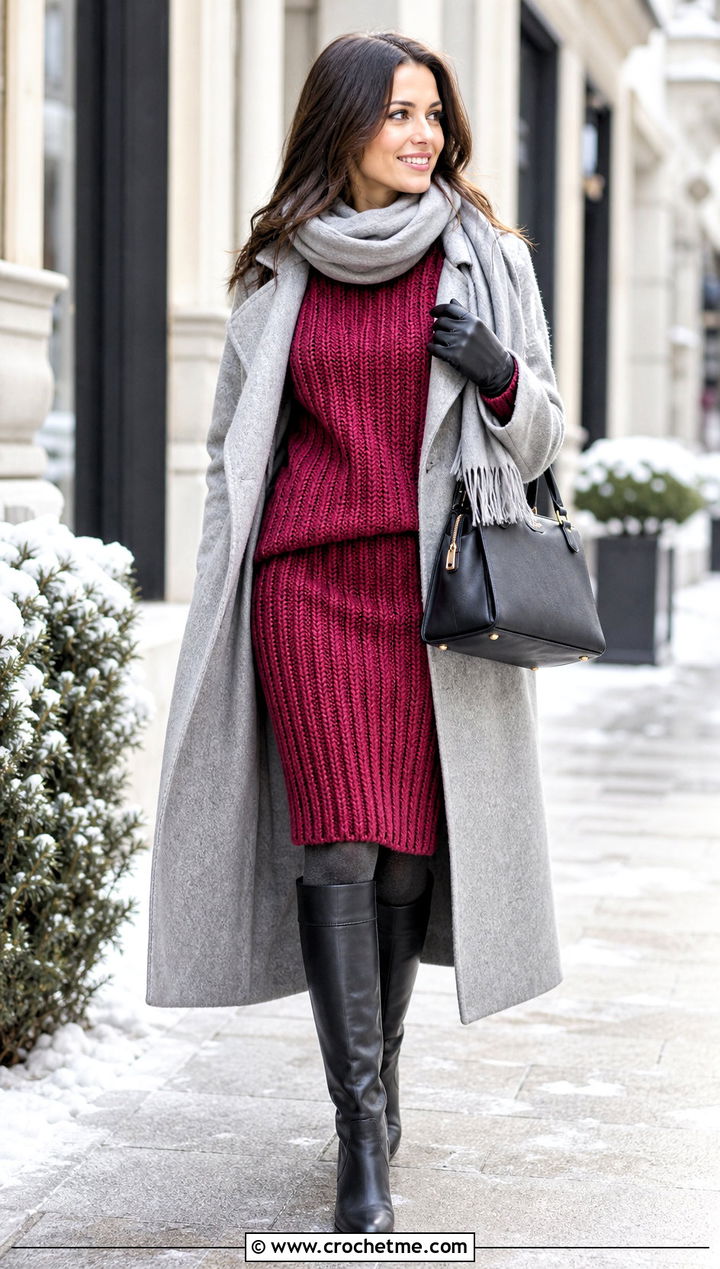 Ribbed Crochet Pencil Skirt Set With Wool Coat - 35 Crochet Skirts Set Outfit ideas