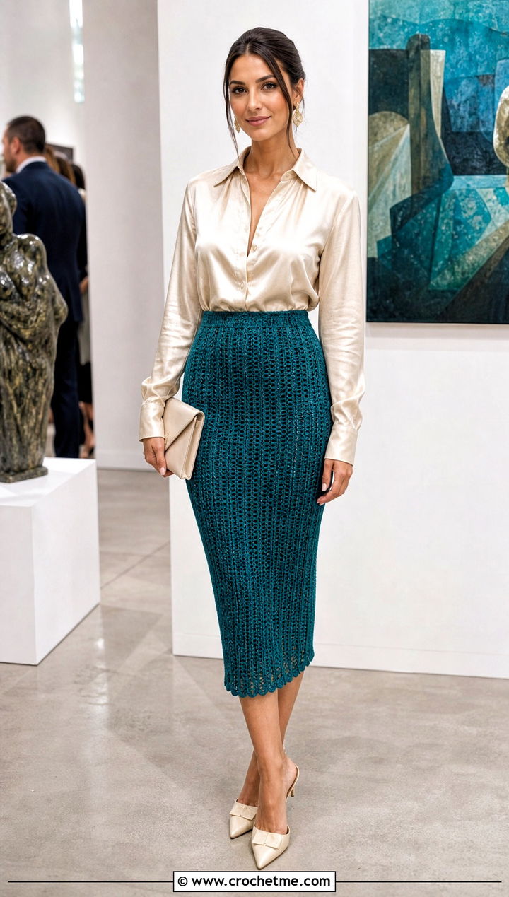 Ribbed Crochet Pencil Skirt With Satin Blouse - 25 Crochet Pencil Skirt outfit ideas