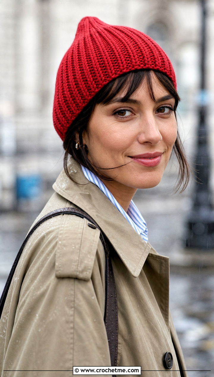 Ribbed Crochet Pixie Beanie With Trench Coat - 30 crochet pixie hat outfit ideas
