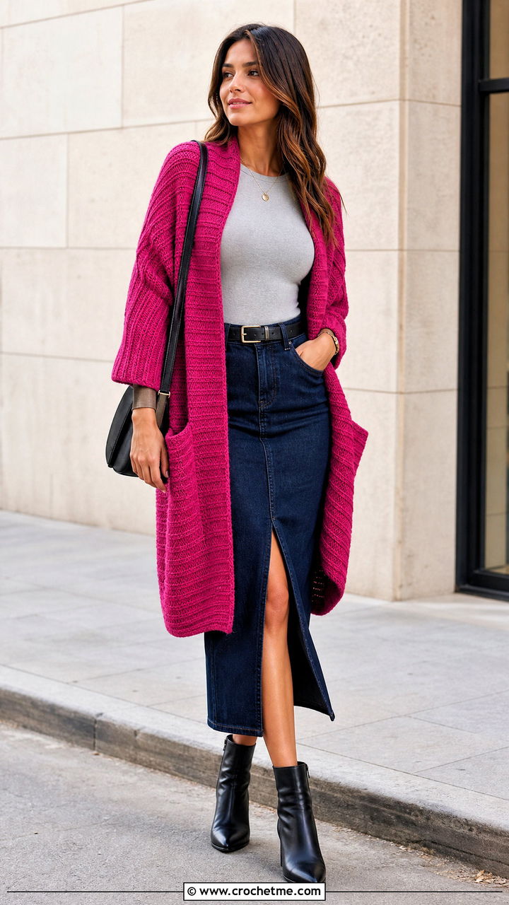 Ribbed Crochet Pocket Shawl With Denim Skirt - 35 crochet pocket shawl outfit ideas