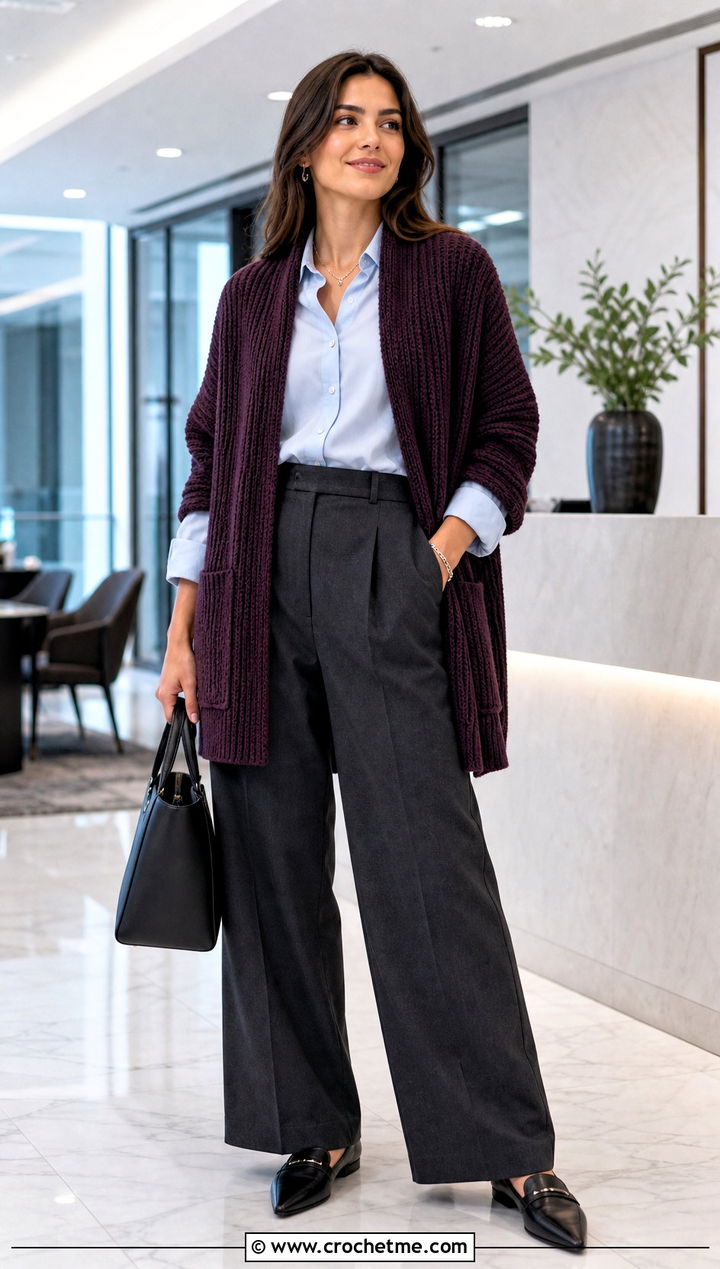 Ribbed Crochet Pocket Shawl With Tailored Trousers - 25 Easy Crochet Shawl With Pockets outfit ideas