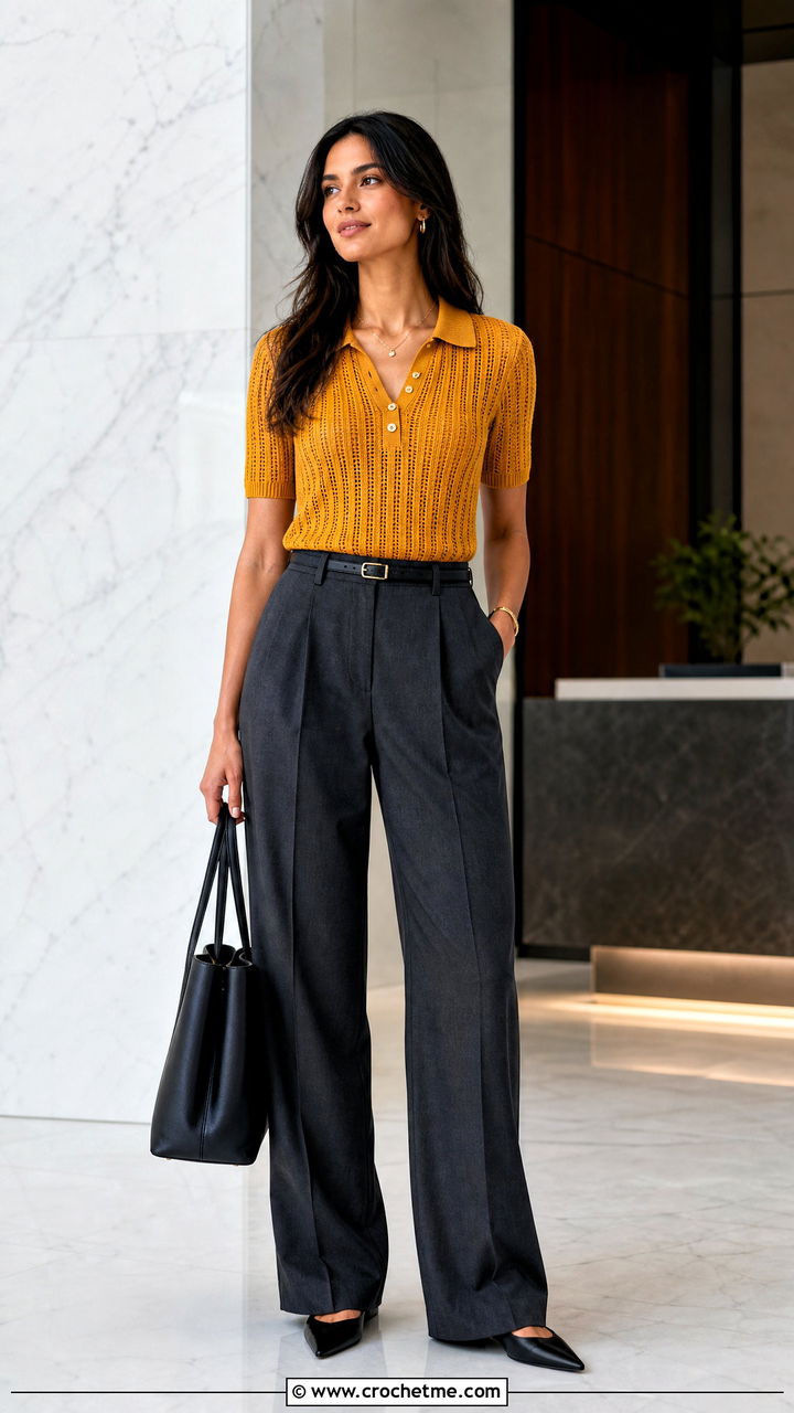 Ribbed Crochet Polo Shirt With Suit Trousers - 35 crochet polo shirt outfit ideas