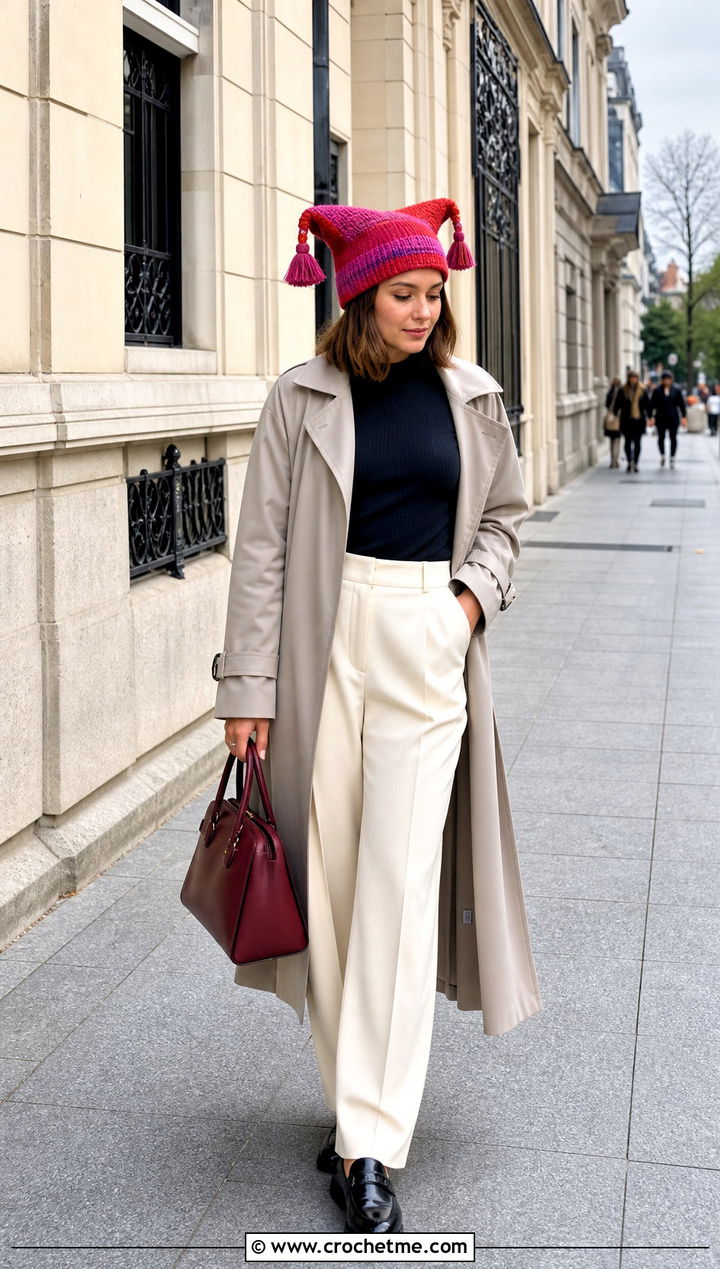 Ribbed Crochet Pomni Hat With Trench Coat - 35 Crochet Pomni Hat outfit ideas