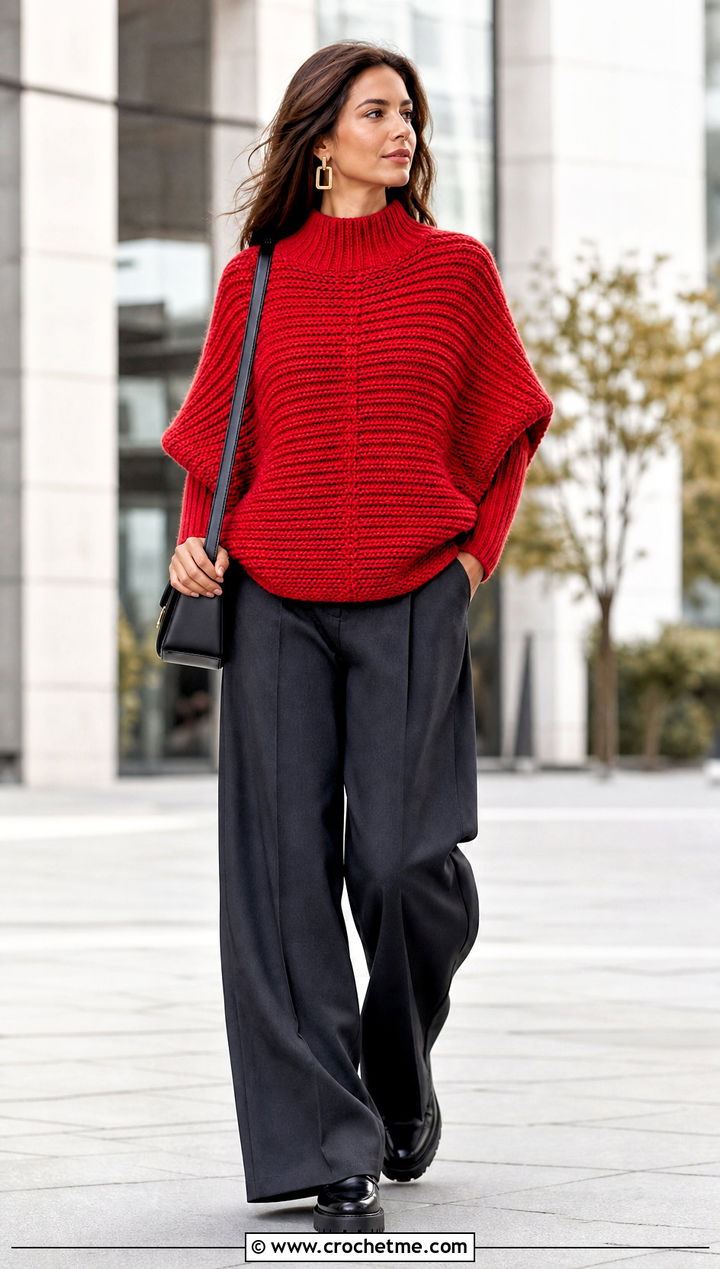 Ribbed Crochet Poncho Sweater With Wide Leg Pants - 20 Crochet Fall Poncho outfit ideas