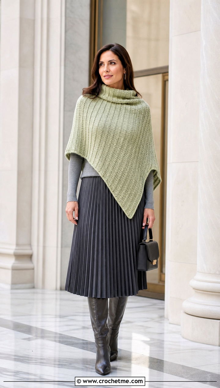 Ribbed Crochet Poncho With A Pleated Midi Skirt - 15 Winter Crochet Poncho outfit ideas