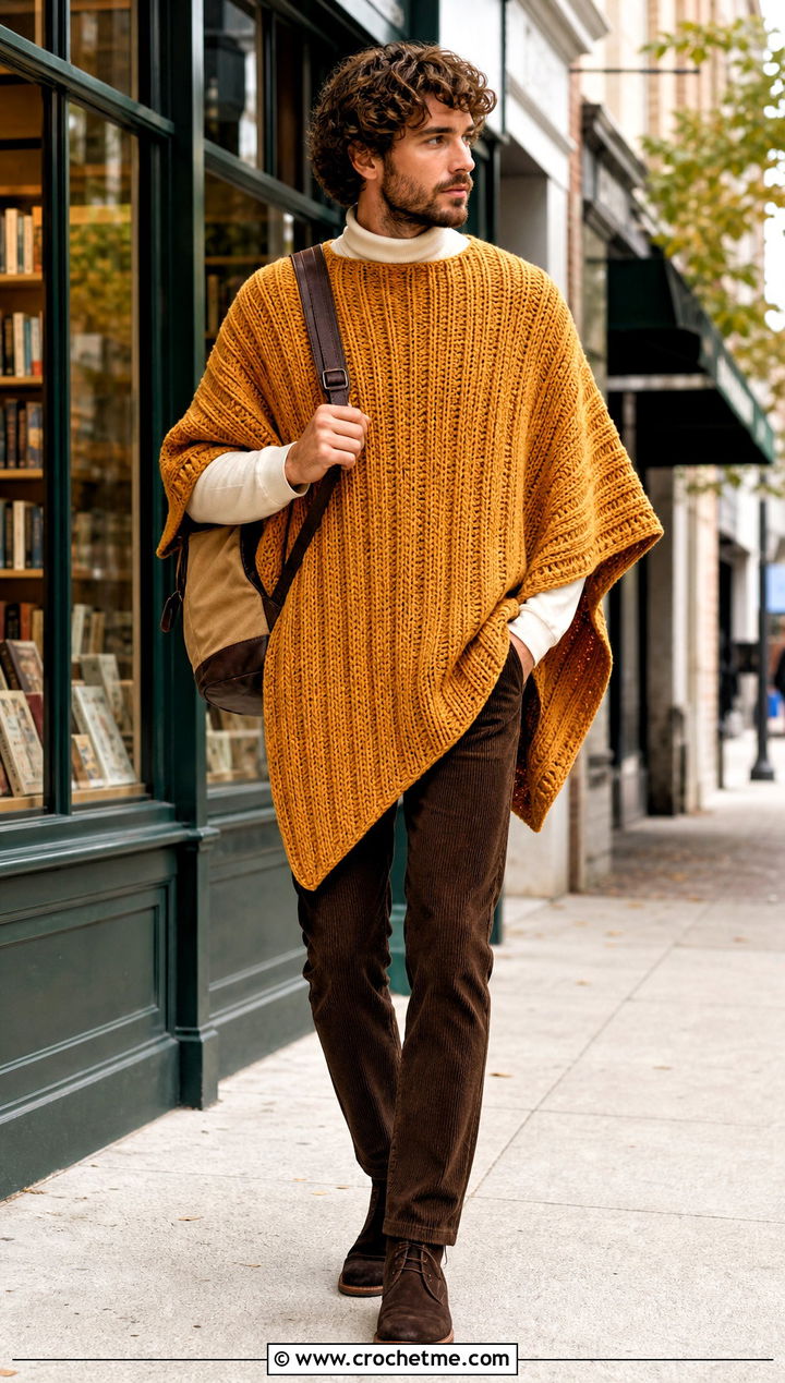 Ribbed Crochet Poncho With Corduroy Pants - 25 mens crochet poncho outfit ideas