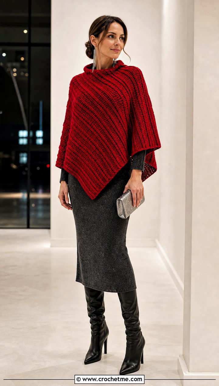 Ribbed Crochet Poncho With Knit Column Dress - 30 woman winter crochet poncho outfit ideas