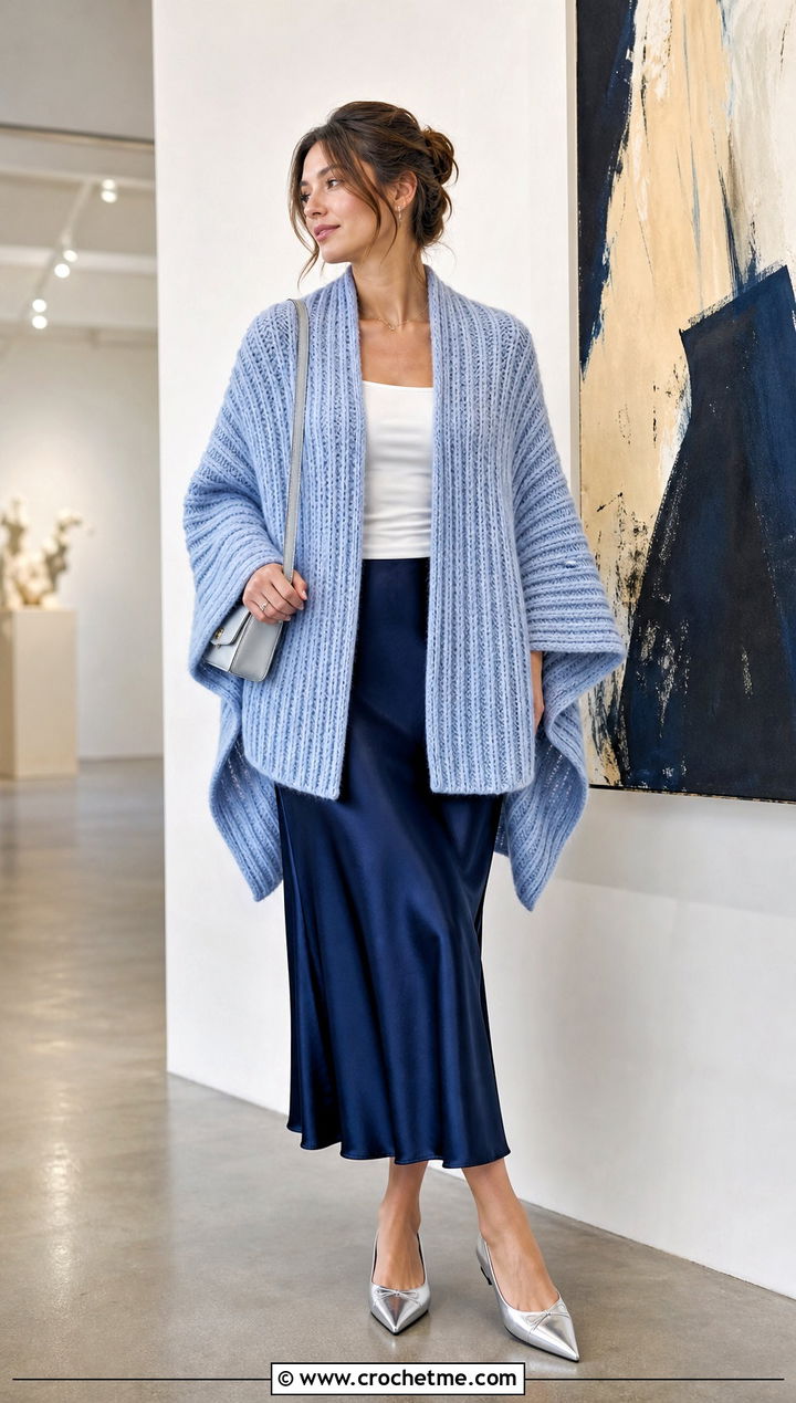 Ribbed Crochet Poncho With Satin Skirt - 25 Beginner Crochet Poncho outfit ideas