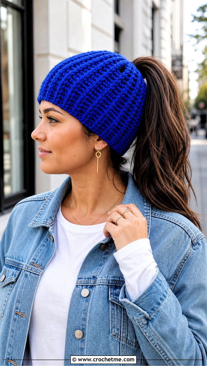 Ribbed Crochet Ponytail Beanie With Denim Jacket - 20 Crochet Ponytail Beanie outfit ideas