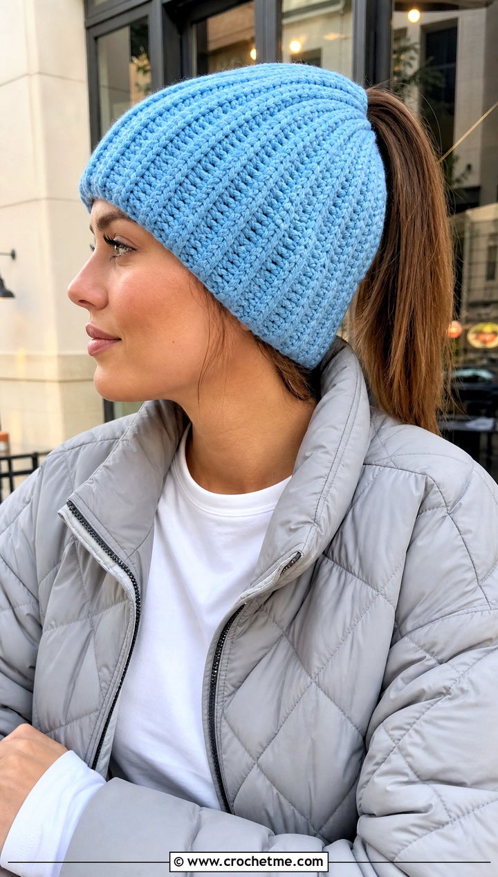 Ribbed Crochet Ponytail Beanie With Jeans - 30 crochet hat with ponytail hole outfit ideas