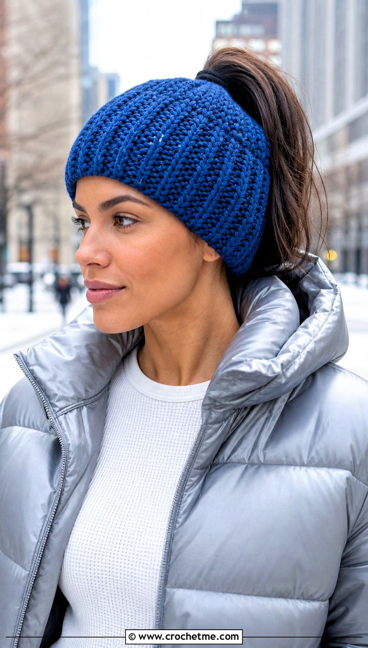 Ribbed Crochet Ponytail Beanie With Puffer Jacket And Straight Jeans - 20 Crochet Beanie With Ponytail Hole Hat outfit ideas