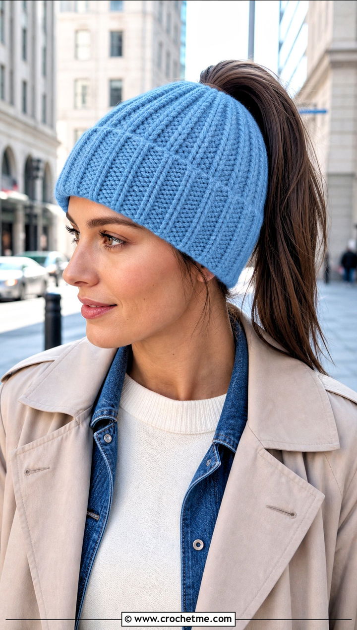 Ribbed Crochet Ponytail Beanie With Trench Coat And Jeans - 30 crochet beanie with ponytail hole outfit ideas