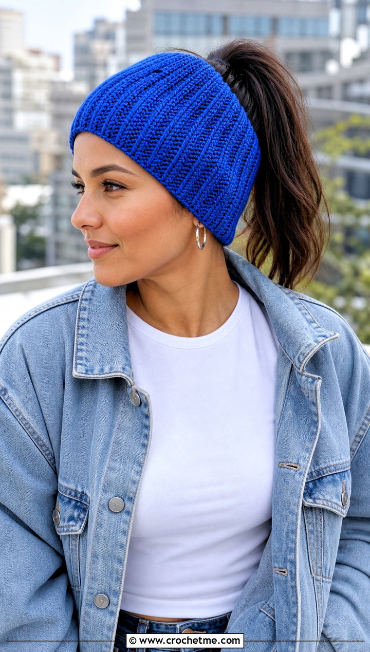 Ribbed Crochet Ponytail Headband With Denim Jacket - 25 crochet headband with ponytail hole outfit ideas
