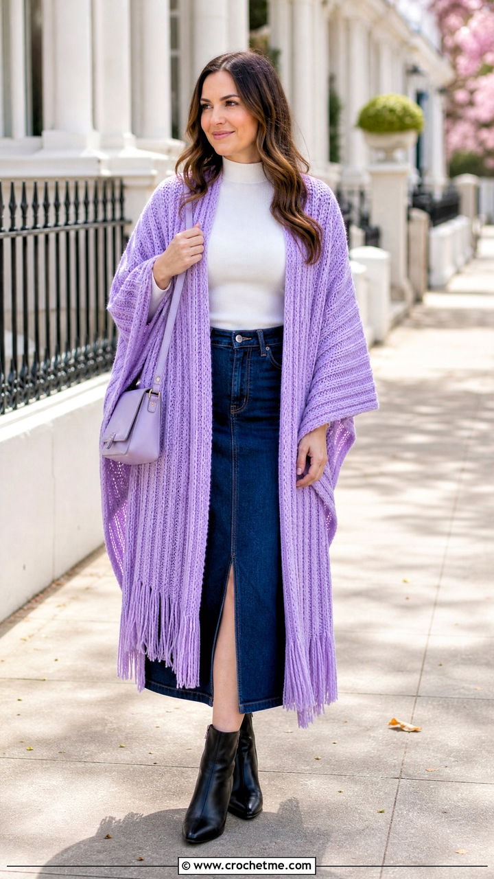 Ribbed Crochet Prayer Shawl With Denim Midi Skirt And Boots - 35 easy crochet prayer shawls outfit ideas