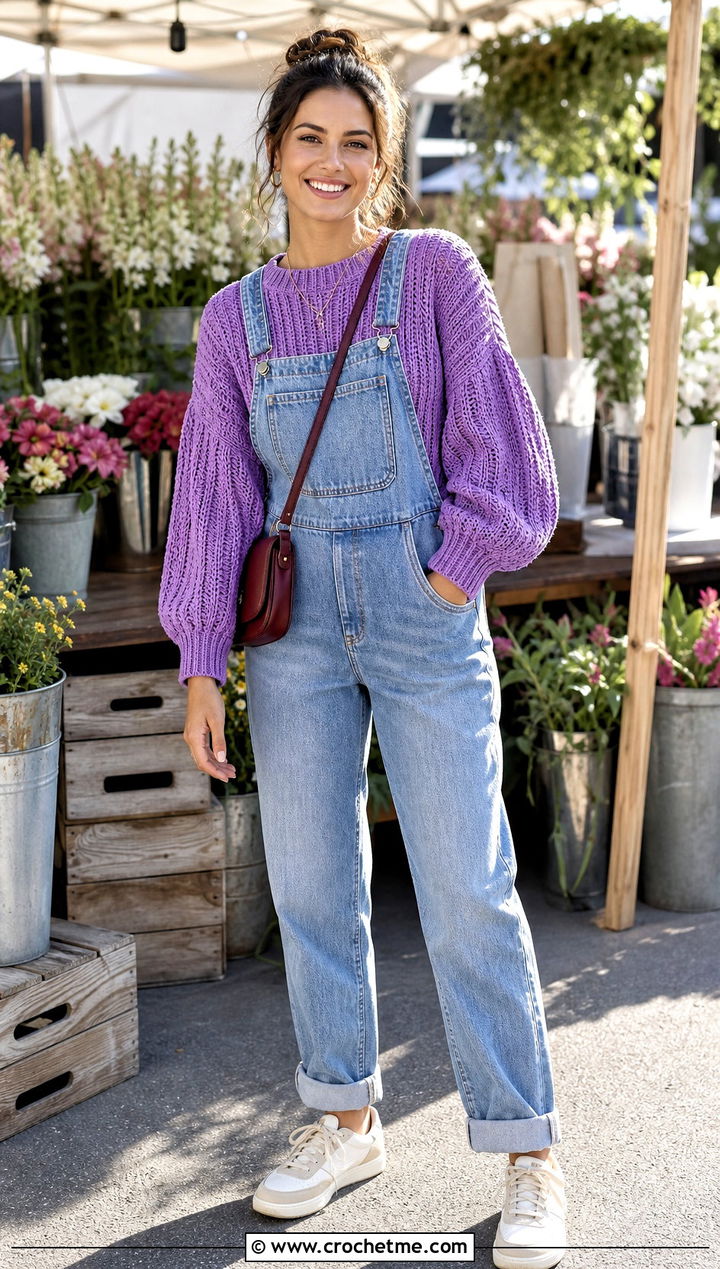Ribbed Crochet Puff Sleeve Sweater With Denim Overalls - 25 Crochet Puff Sleeve Sweater outfit ideas