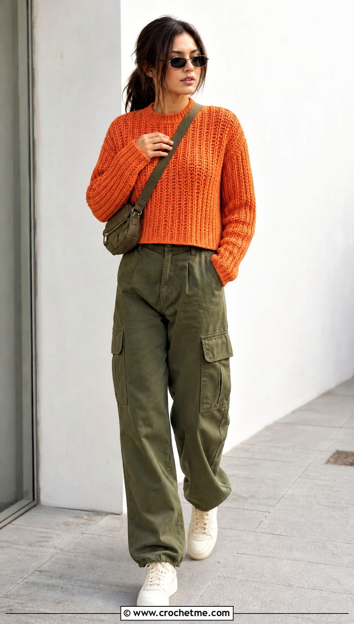 Ribbed Crochet Pullover Top With Cargo Pants - 20 Crochet Tops With Long Sleeves outfit ideas