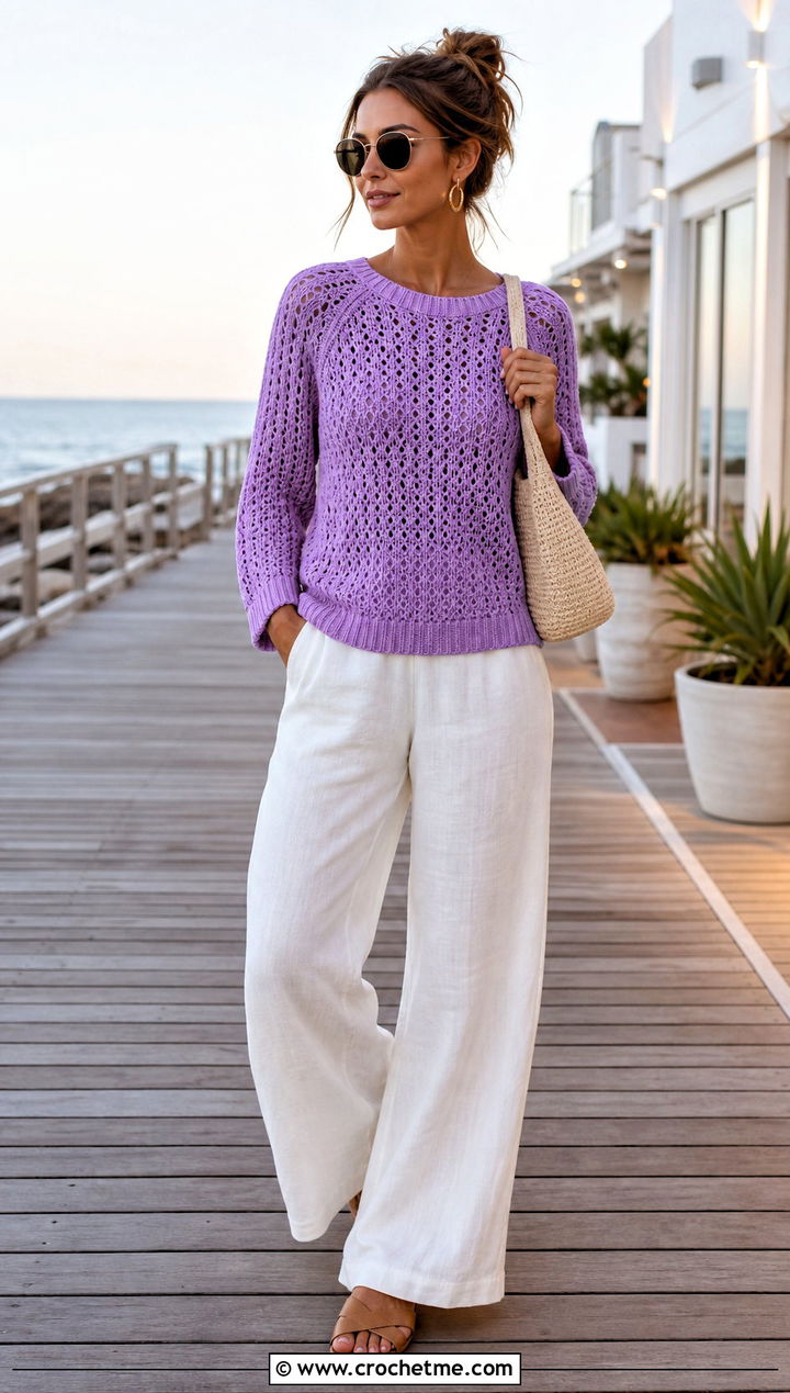 Ribbed Crochet Raglan Sweater With Linen Pants - 25 Ribbed Crochet Sweater outfit ideas