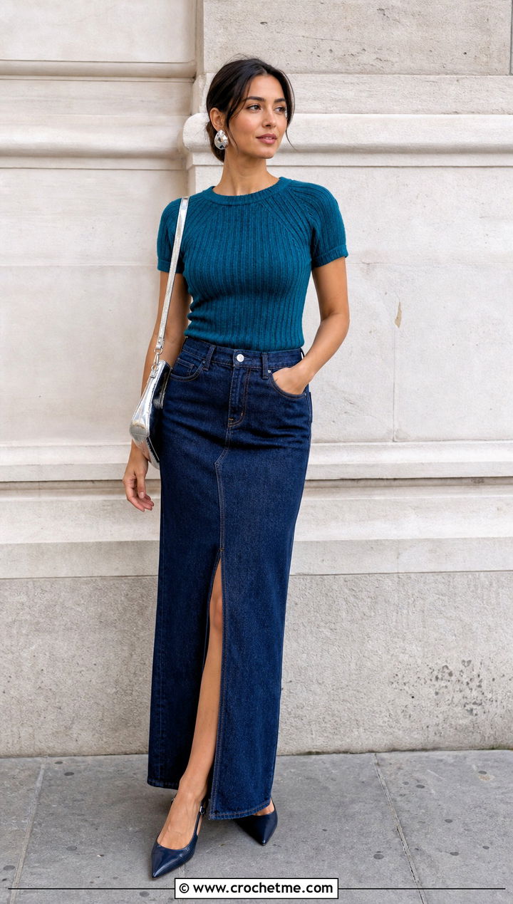 Ribbed Crochet Raglan Top With Denim Maxi Skirt - 30 crochet raglan top outfit ideas