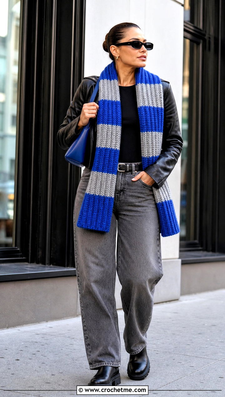 Ribbed Crochet Ravenclaw Scarf With Leather Jacket - 35 crochet ravenclaw scarf outfit ideas