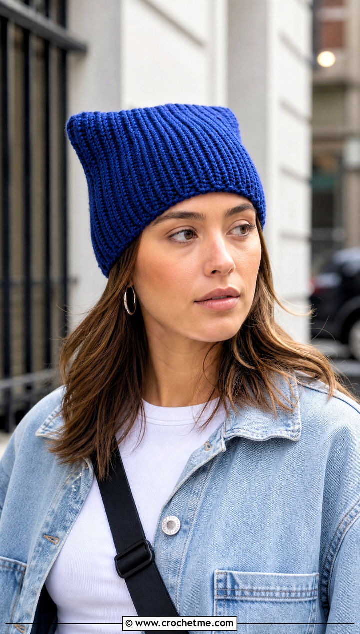 Ribbed Crochet Rectangle Hat With Denim Jacket - 25 Crochet Rectangle Hat outfit ideas