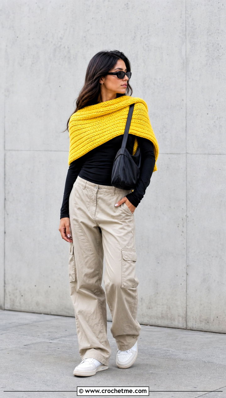 Ribbed Crochet Rectangle Shawl With Cargo Pants - 35 Crochet Rectangle Shawl outfit ideas