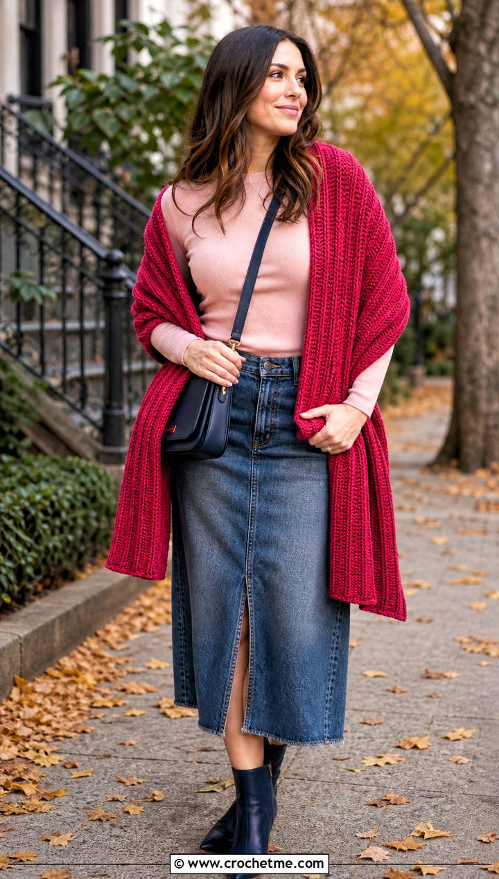 Ribbed Crochet Rectangular Shawl With Denim Skirt - 30 crochet rectangular shawl outfit ideas