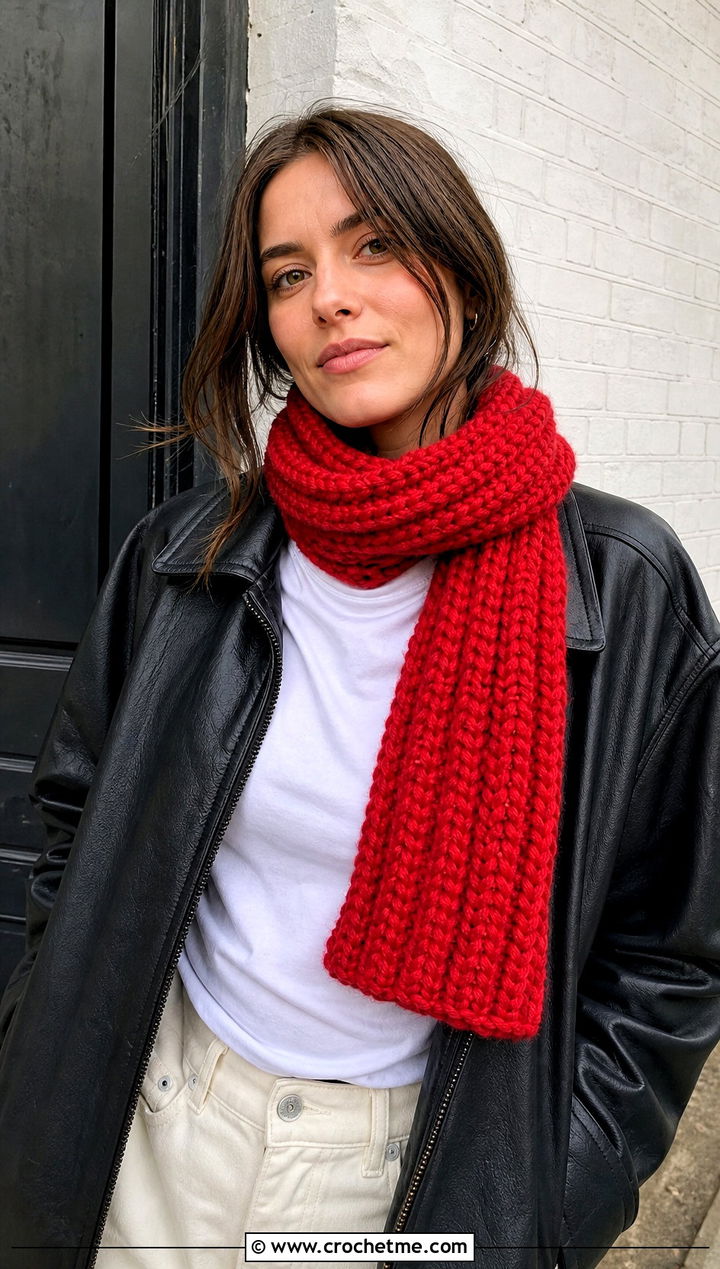 Ribbed Crochet Roll Up Scarf With Leather Jacket - 25 Crochet Roll Up Scarf outfit ideas