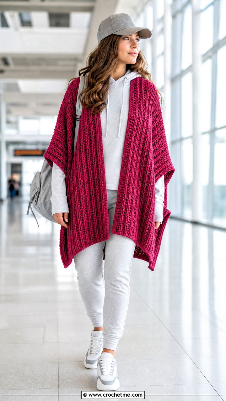 Ribbed Crochet Ruana With Joggers - 35 crochet ruana outfit ideas