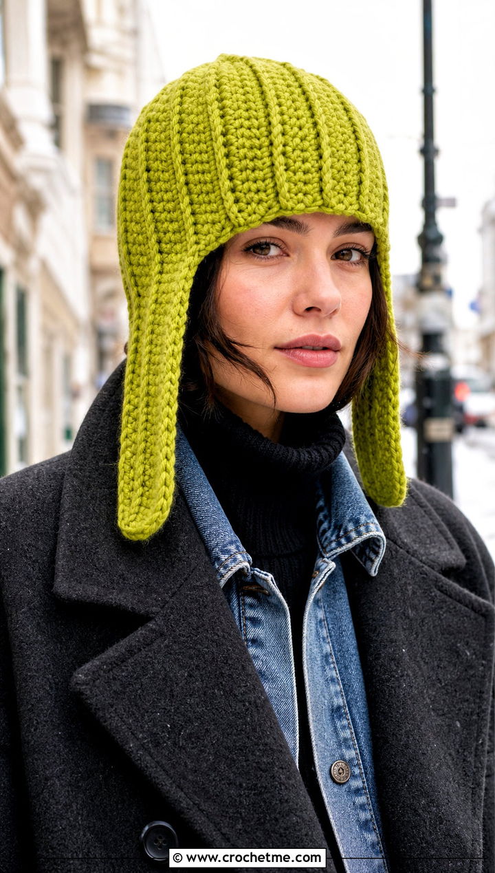 Ribbed Crochet Russian Hat With Denim Jacket - 35 crochet russian hat outfit ideas