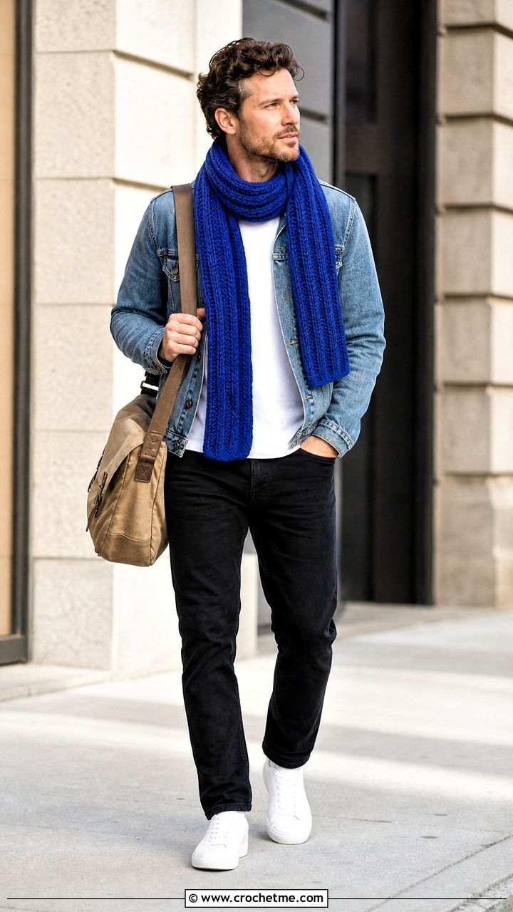 Ribbed Crochet Scarf With Denim Jacket - 35 crochet scarf for men outfit ideas