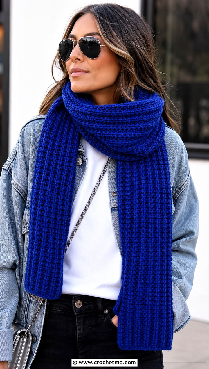 Ribbed Crochet Scarf With Denim Jacket - 15 beginner crochet scarf design outfit ideas