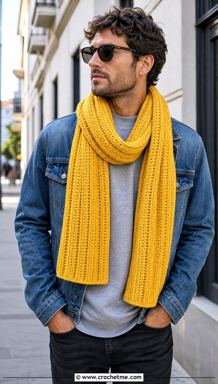 Ribbed Crochet Scarf With Denim Jacket - 30 Mens Crochet Scarf outfit ideas