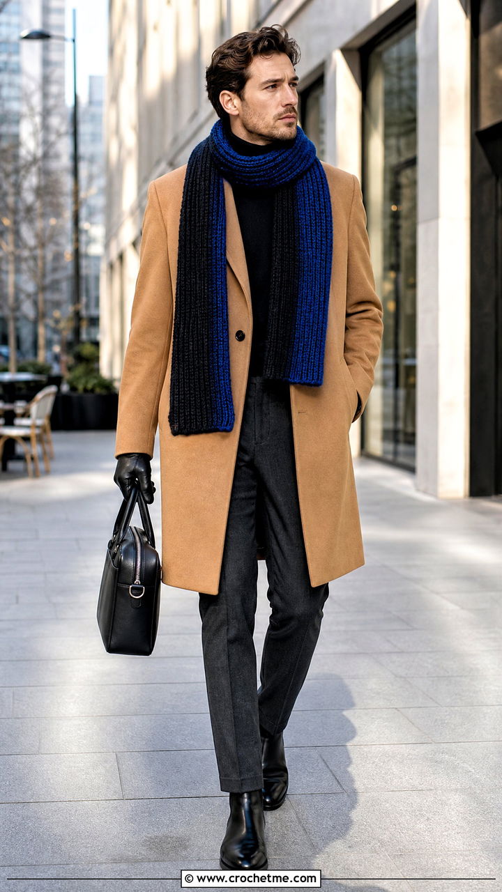 Ribbed Crochet Scarf With Overcoat - 35 crochet outfits for men outfit ideas