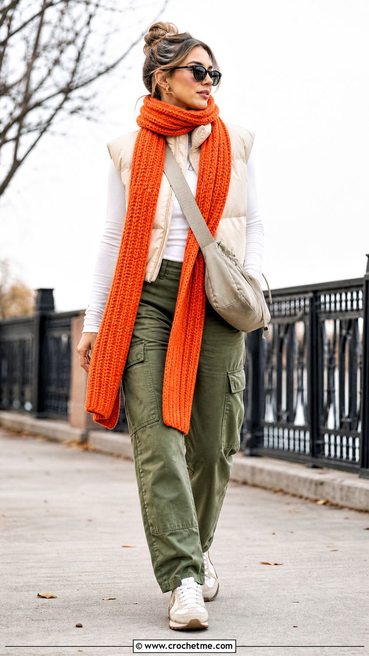 Ribbed Crochet Scarf With Puffer Vest and Cargo Pants - 35 easy one skein crochet scarf outfit ideas