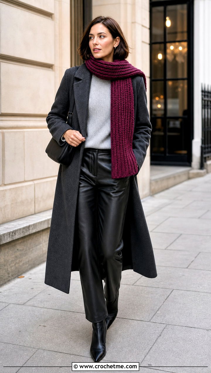 Ribbed Crochet Scarf With Sweater And Leather Pants - 35 easy crochet scarf for beginners outfit ideas