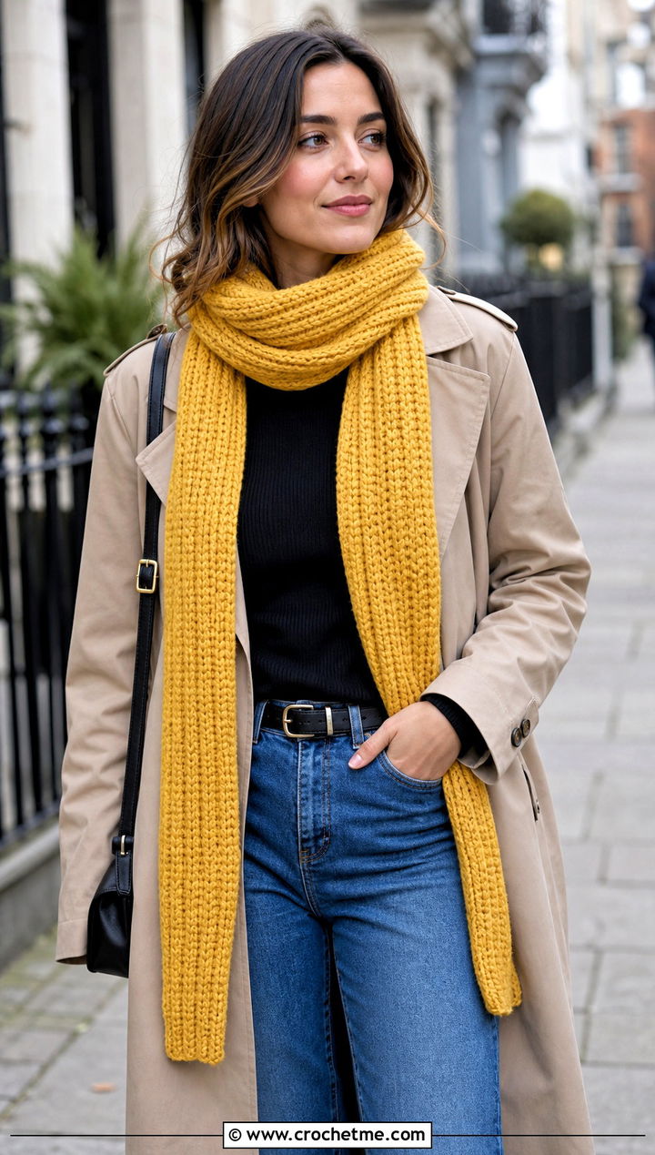 Ribbed Crochet Scarf With Trench Coat - 25 Wednesday Crochet Scarf outfit ideas