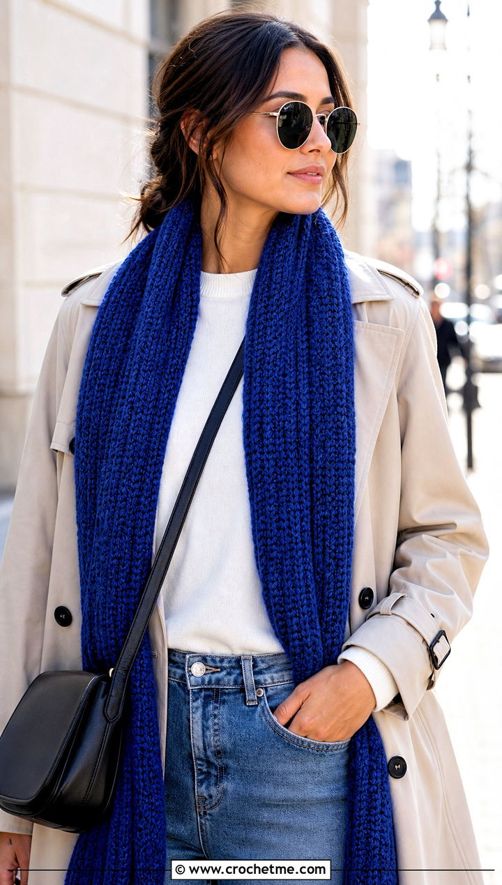 Ribbed Crochet Scarf With Trench Coat - 15 Crochet Unisex Scarf outfit ideas