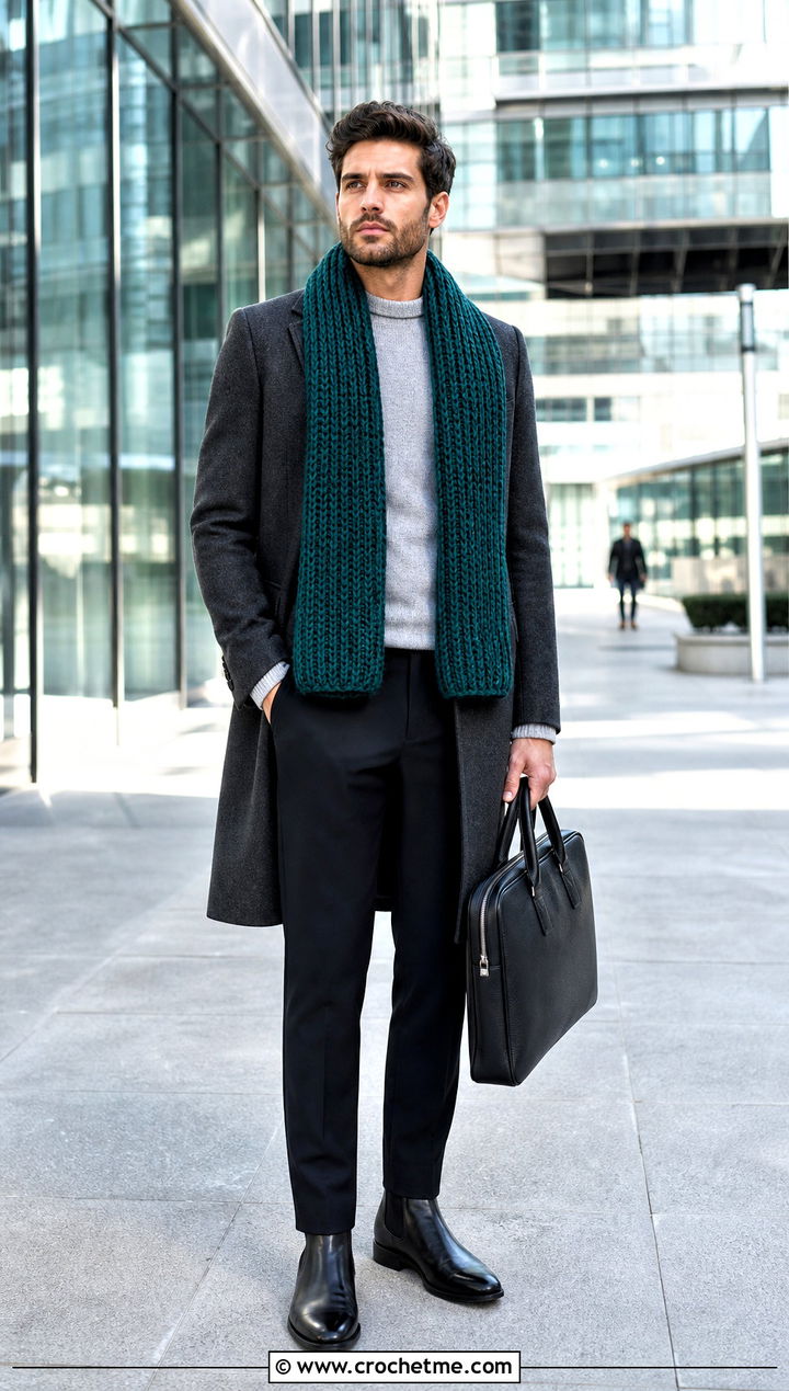 Ribbed Crochet Scarf With Wool Overcoat - 35 men crochet scarf outfit ideas